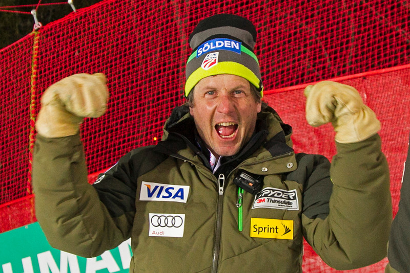 SCHLADMING, AUSTRIA - FEBRUARY 11: Sasha Rearick Head Coach for the men's alpine team celebrates Ted Ligety's victory in the Alpine FIS Ski World Championships Super Combined race on February 11, 2013 in Schladming, Austria, (Photo by Mitchell Gunn/ESPA) Image may be used for editorial purposes only.