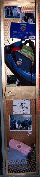 US Mogul Skier Hannah Kearney's locker filled with photo's of family and friends, hobbies-such as knitting and cooking supplies, and her favorite color-red.