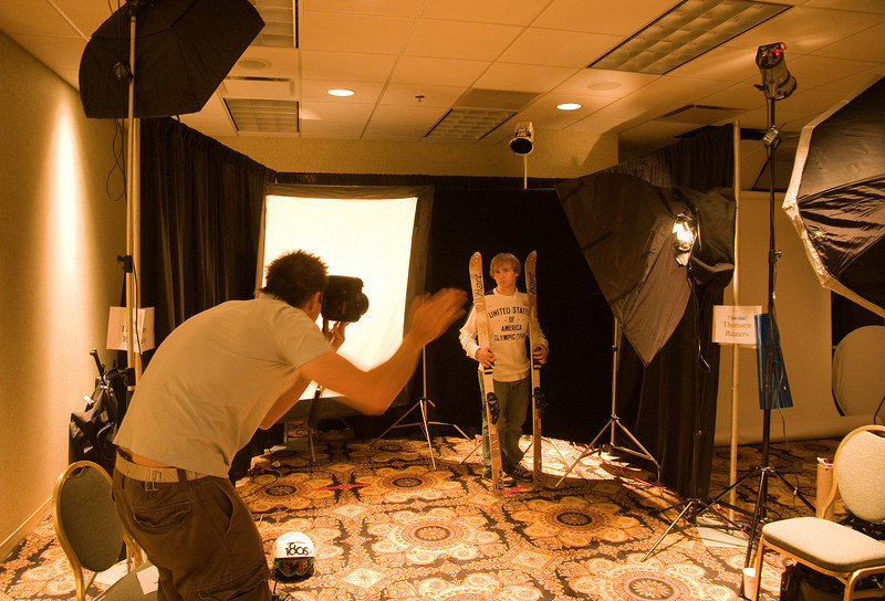 World Champion moguls skier Patrick Deneen poses with his Hart skis at a photo shoot as top Vancouver Bound Olympic hopefuls took part in the U.S. Olympic Committee's USOC Media Summit in Chicago. (c) 2009 USSA
